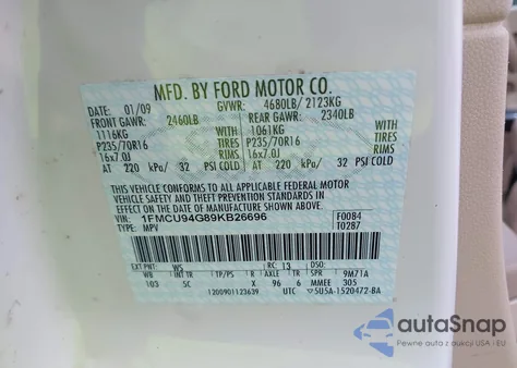 2009 Ford Escape Limited z USA, uszkodzony, nr VIN 1FMCU94G89KB26696